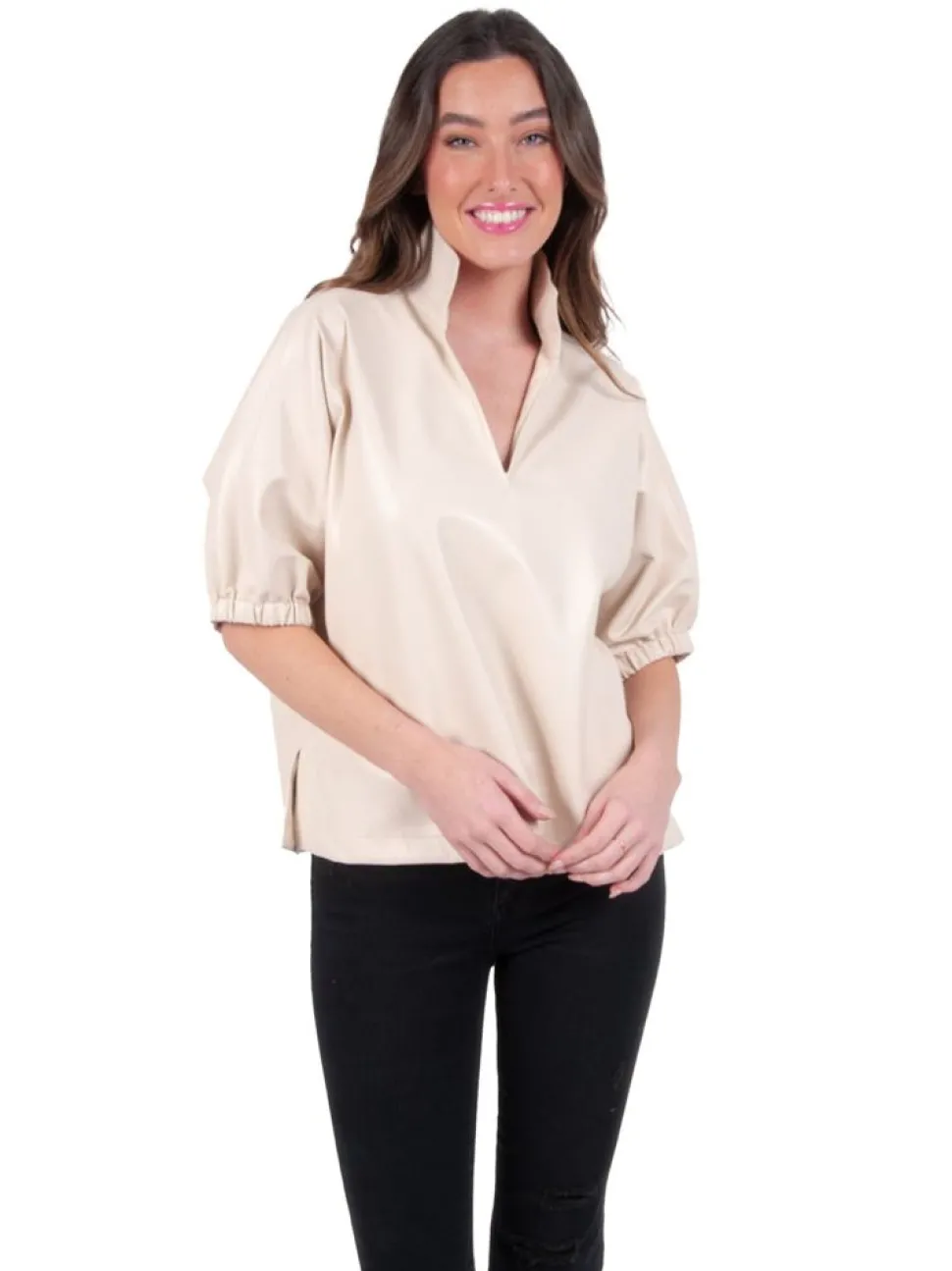 Emily McCarthy Blouses- Poppy Top Sandshell Vegan Leather