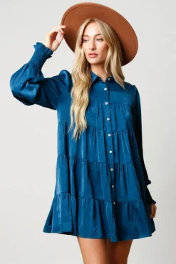 Peach Love California Mini- Teal Rhinestone Button Down Shirt Dress