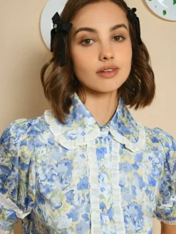 Sister Jane Blouses- Sky Floral Ruffle Blouse - Cornflower Blue