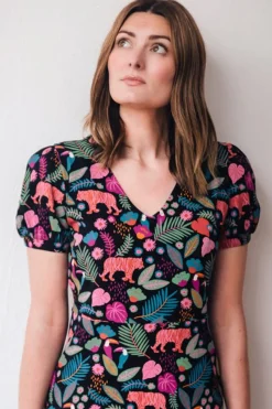 Sugarhill Brighton Mini- Annette V-Neck Jersey Dress - Black, Tigers & Toucans