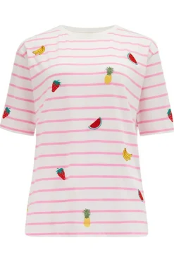 Sugarhill Brighton T-Shirts- Kinsley Relaxed T-Shirt - Off-White/Pink, Fruit Embroidery