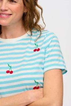 Sugarhill Brighton T-Shirts- Maggie T-Shirt - Blue/White, Cherry Embroidery