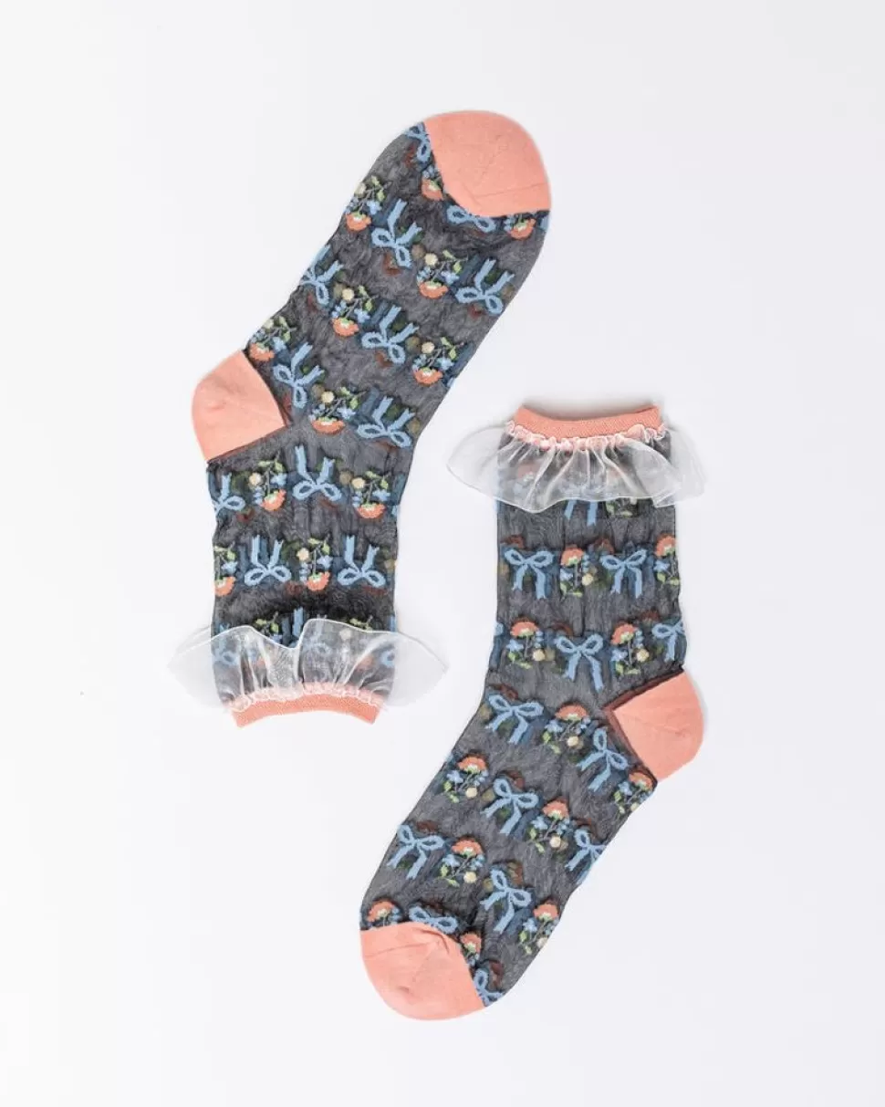 Sock Candy Socks And Tights- Floral Bow Ruffle Black Sheer Ankle Sock